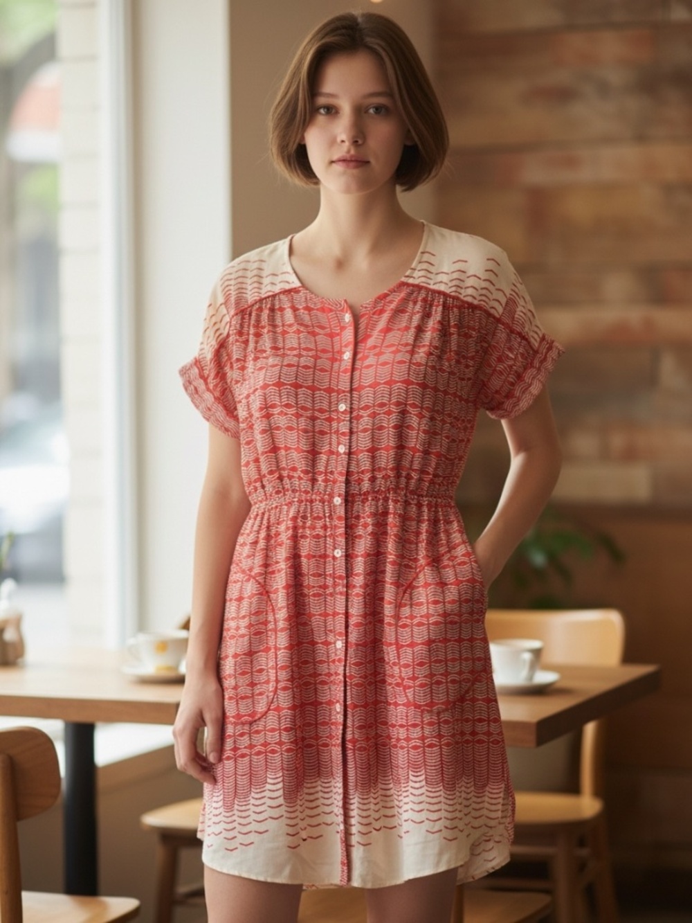 EUC Maeve Anthropologie Veronia Short Sleeve Red Cream Print Button Dress Small